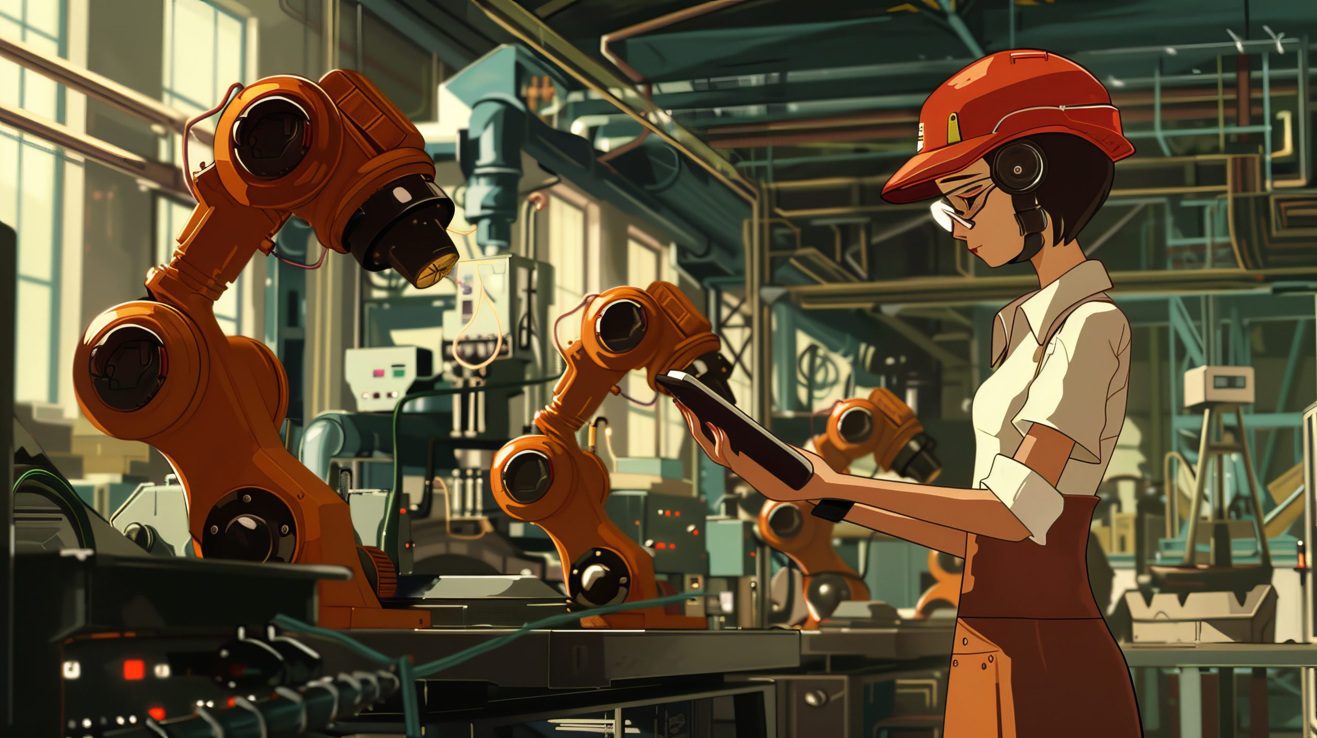 Programming an industrial robot arm with a tablet by a female engineer in a red hard hat